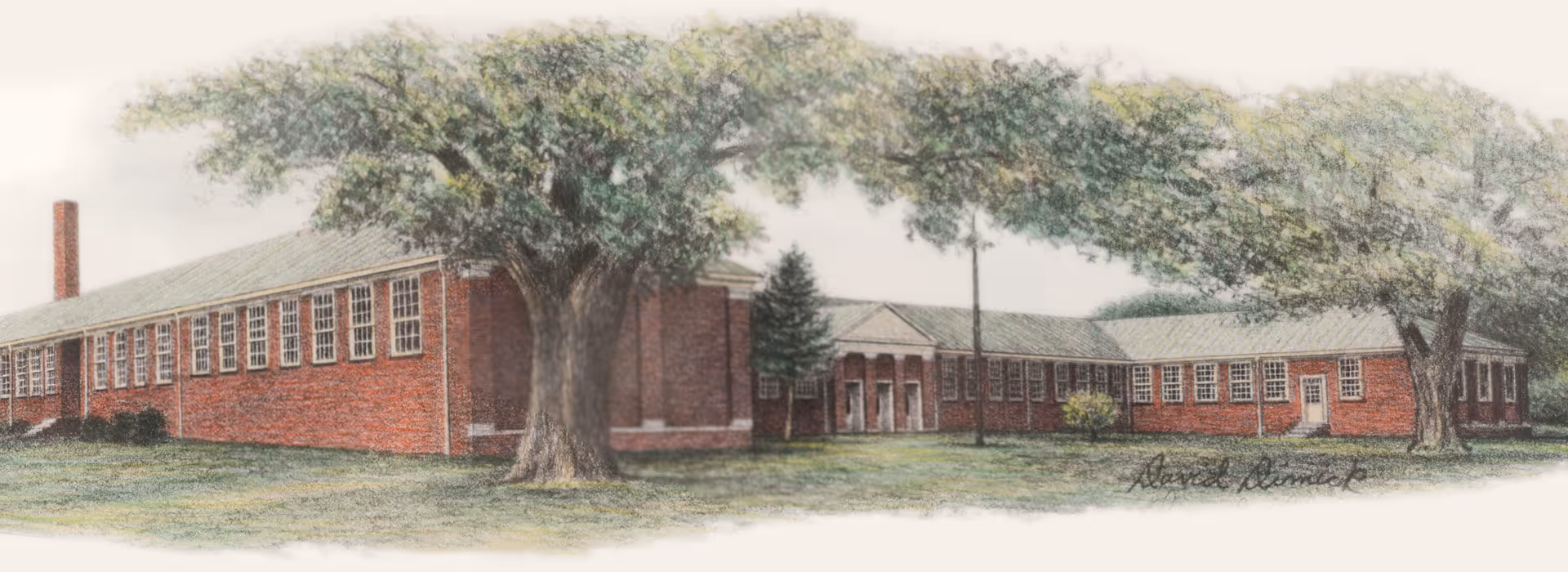 Colored-pencil style illustration of a long red-brick single-story building with many windows and large trees on the lawn in front.