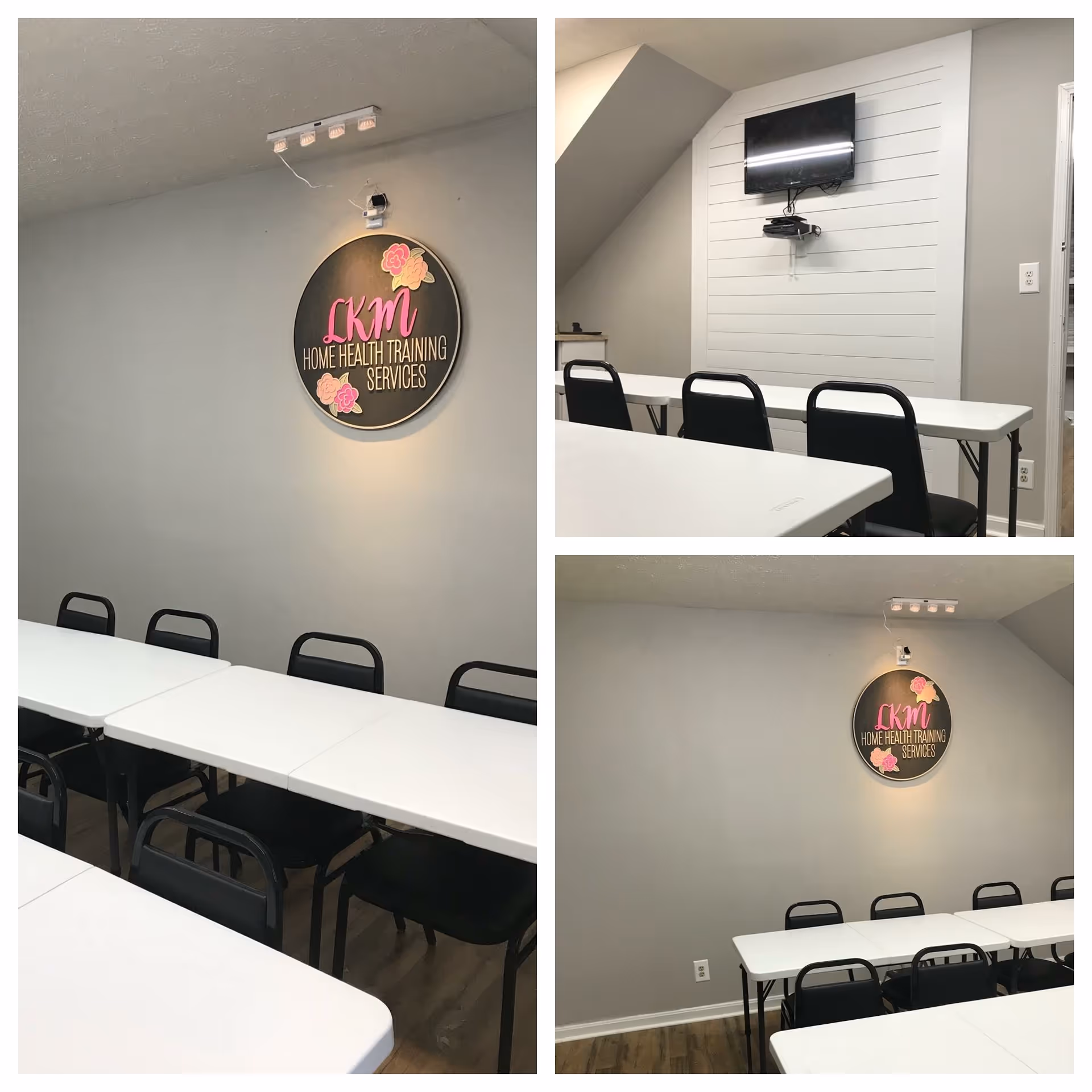 Interior classroom-style training area with white tables, black chairs, and a TV.