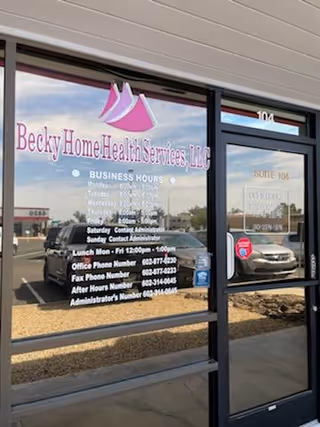 The Becky Home Health Services LLC storefront has glass doors displaying business hours.