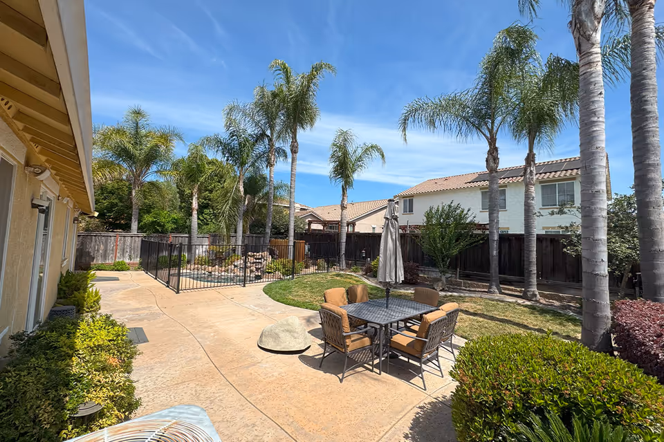 Sunny backyard patio with table and chairs, palm trees, and a surrounding wooden fence.