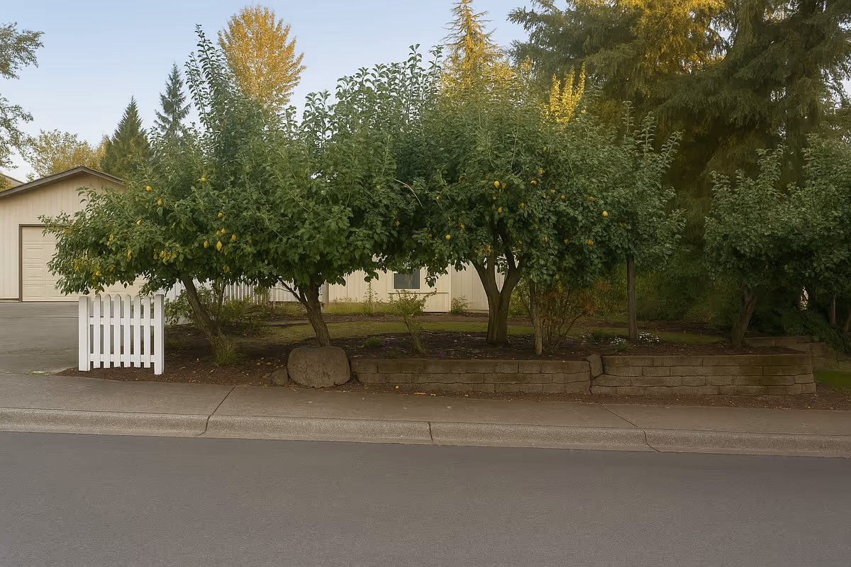 Exterior view of a Joyful Care Home with trees, a white fence, and sidewalk