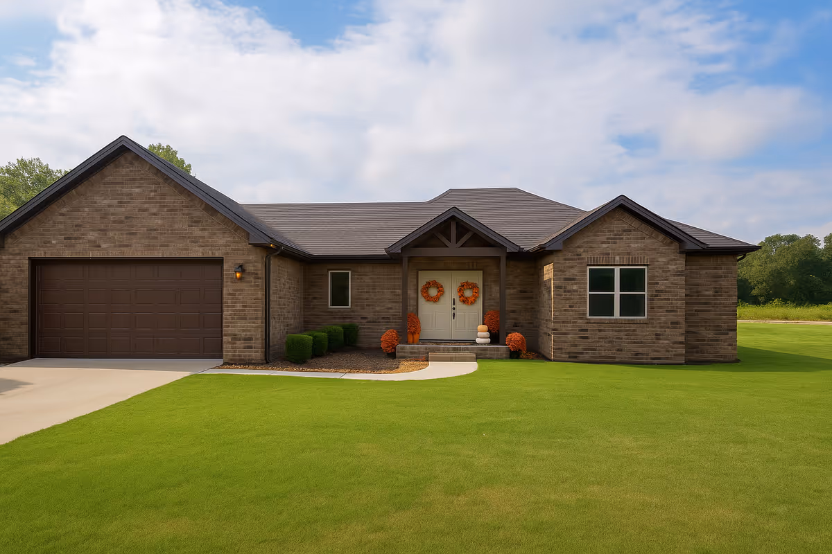 Single-story brick building with a two-car garage, manicured lawn, and a covered front porch.