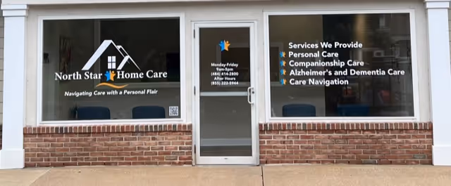 Front of North Star Home Care storefront with sign, door, and service list.