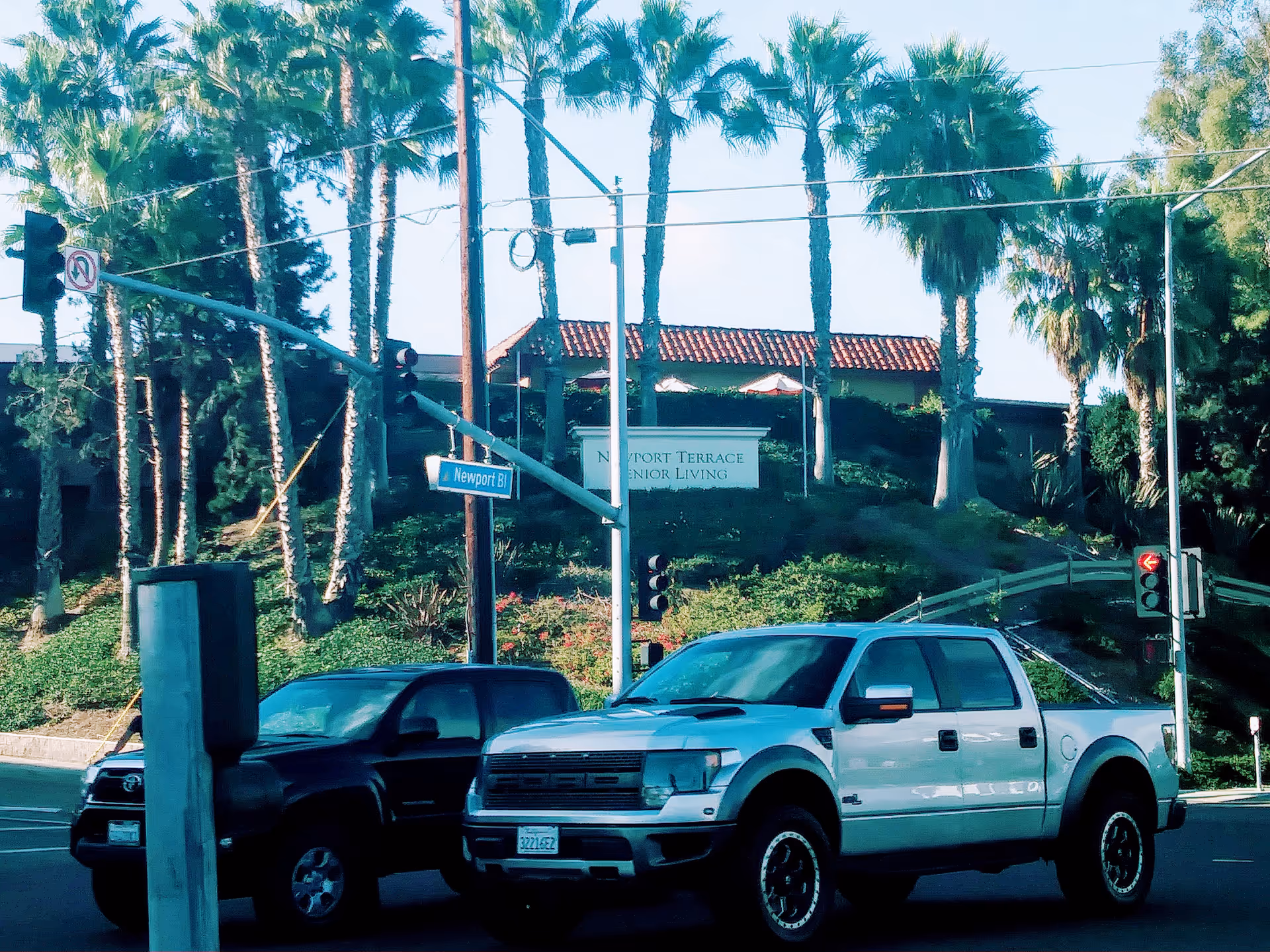 Exterior street view with palm trees, a Newport Terrace Senior Living sign, and parked trucks.