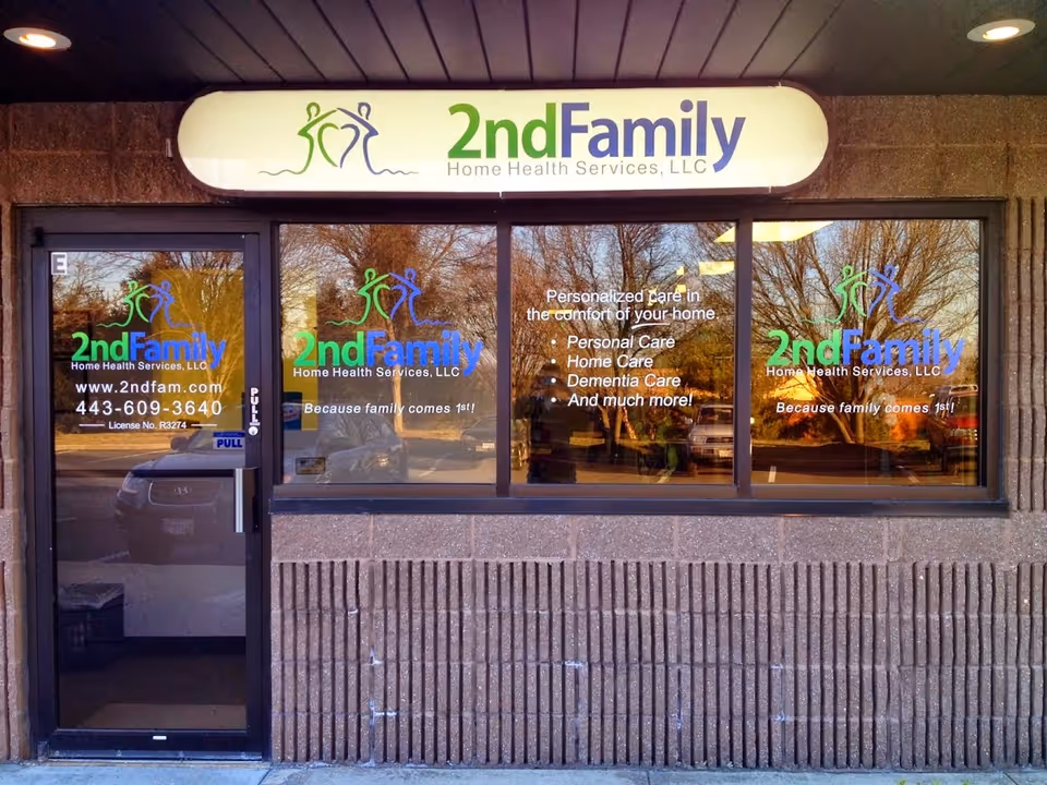 Storefront of 2nd Family Home Health Services with glass windows and logo signage.