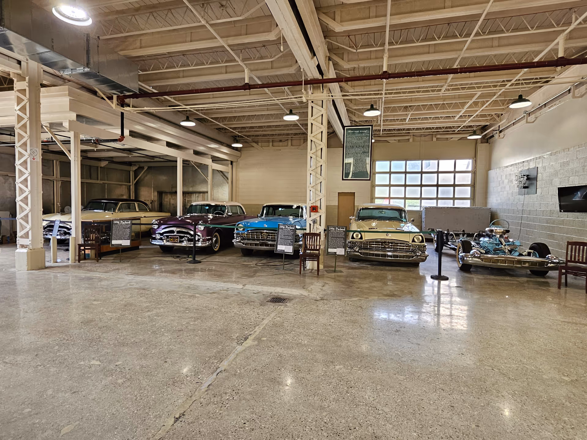 Inside a spacious showroom, classic cars line up along display stands.