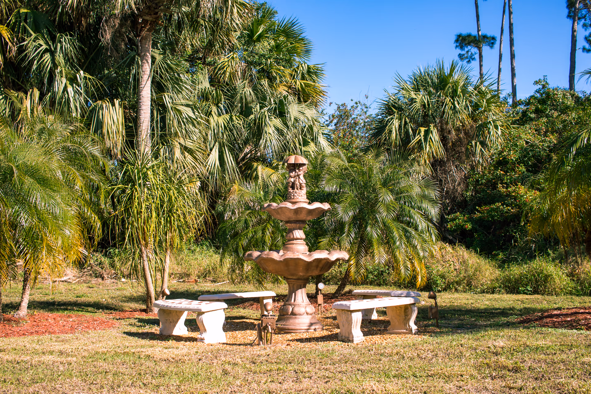 Stone tiered fountain surrounded by three curved white benches in a grassy garden with palm trees.