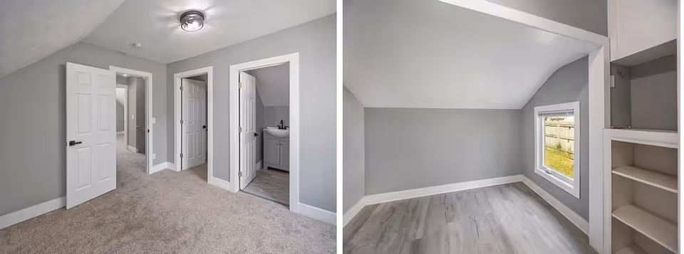 Interior of a senior living facility: hallway with doors and a windowed storage room.