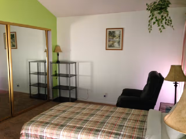 Bedroom with plaid bed, mirrored closet doors, green accent wall, and recliner.