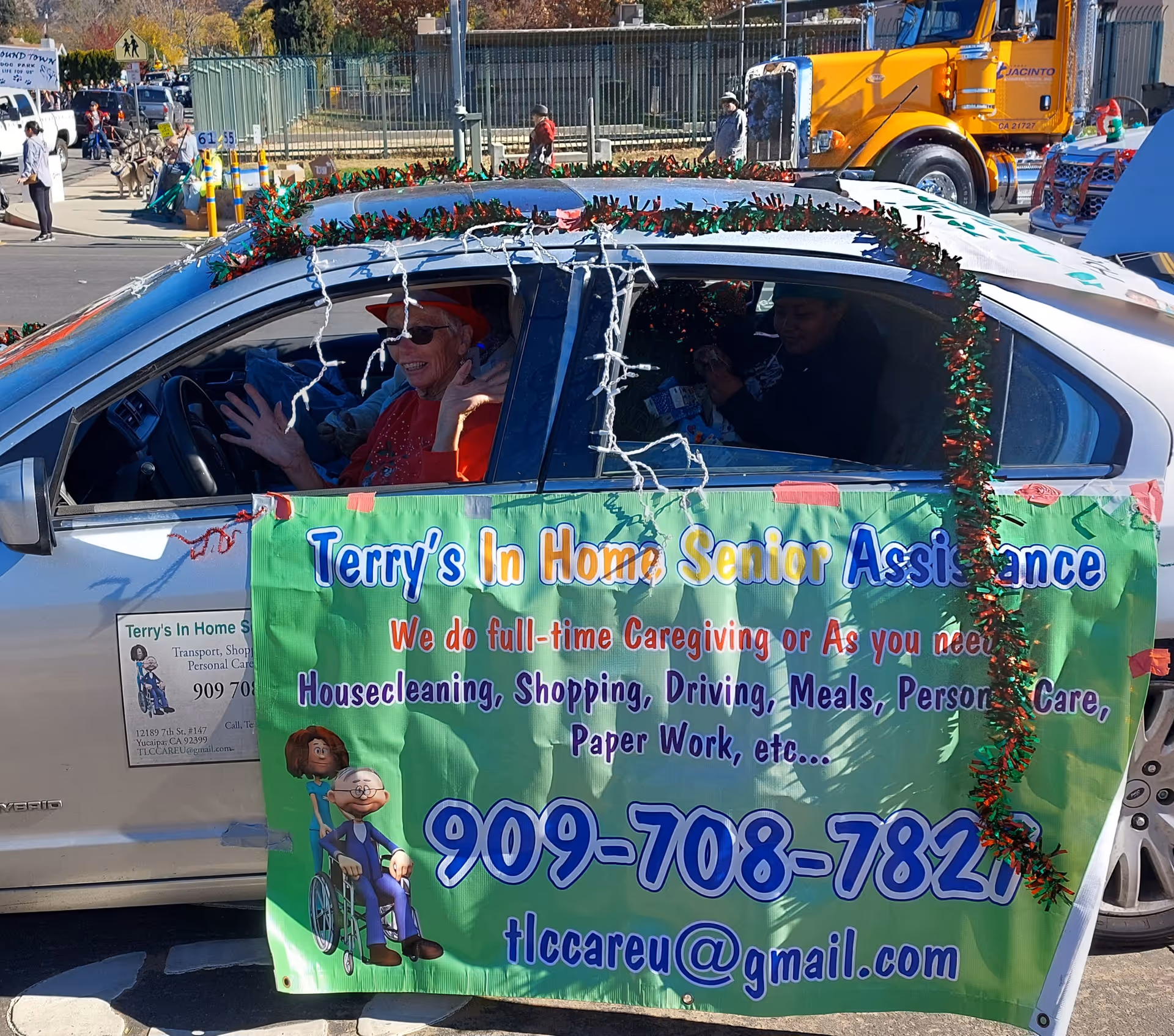Decorated car with banner advertising Terry's In Home Senior Assistance at an outdoor event.