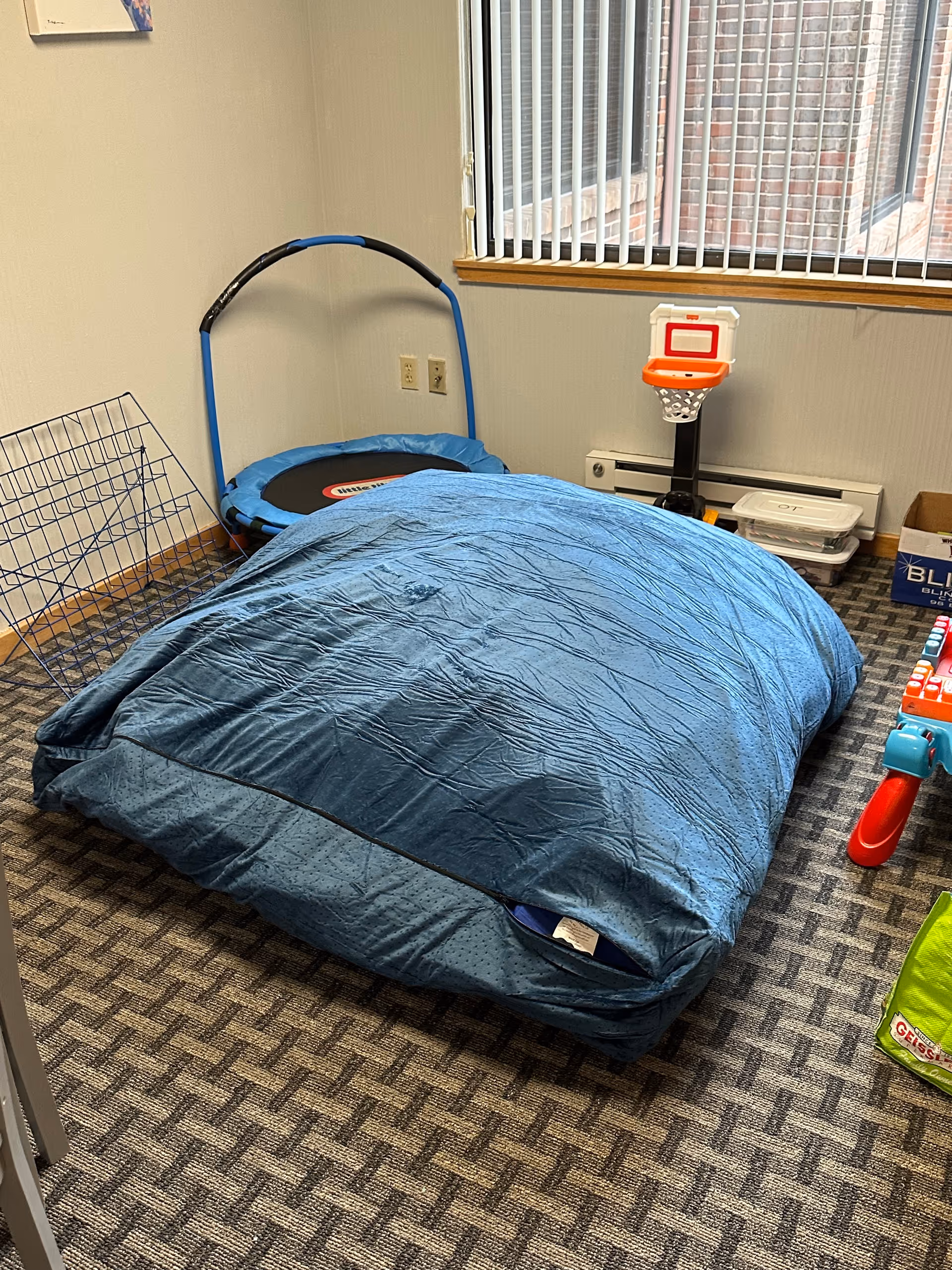 Blue padded mat and small trampoline in a carpeted indoor room.