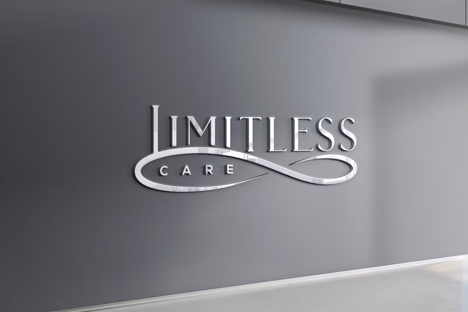 gray interior wall featuring a metal LIMITLESS CARE sign