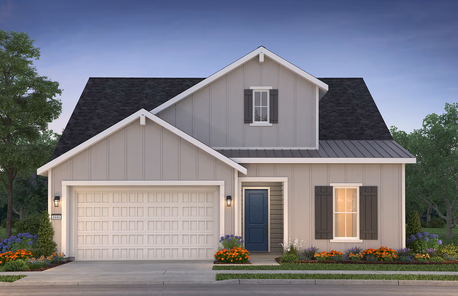 Gray suburban house with a two-car garage and a landscaped front yard.