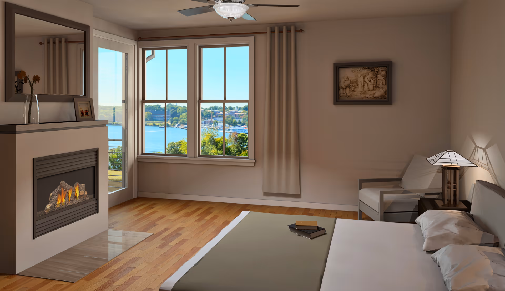Bright bedroom with a fireplace, large window view, and minimalist furnishings.