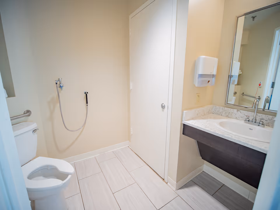 A clean bathroom with a white toilet, a wall-mounted bidet spray, a sink with a marble countertop, a large mirror above the sink, a soap dispenser mounted on the wall, and a closed white door.