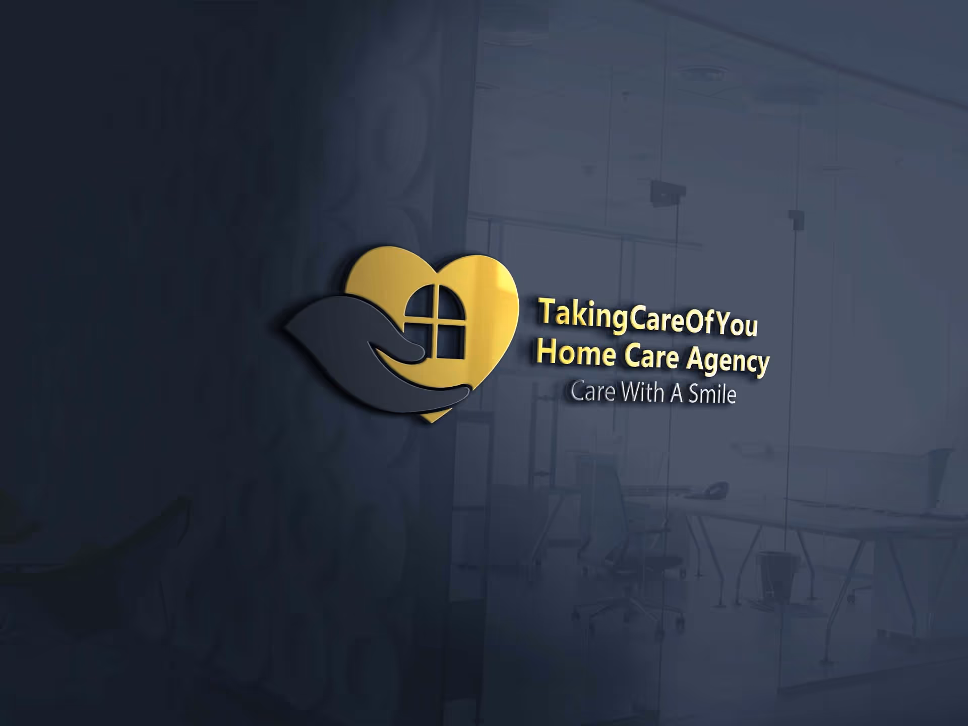 Interior office with a wall sign for Taking Care Of You Home Care Agency.