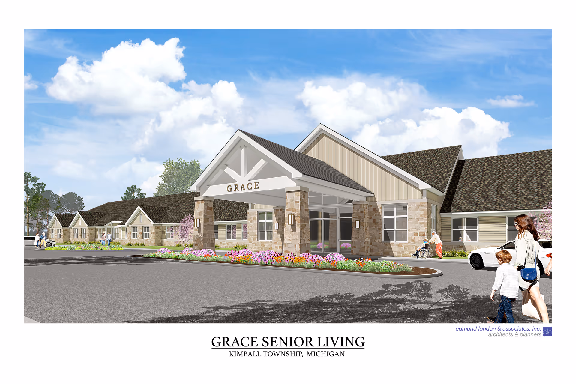 Rendering of Grace Senior Living Kimball Township entrance exterior with landscaping.