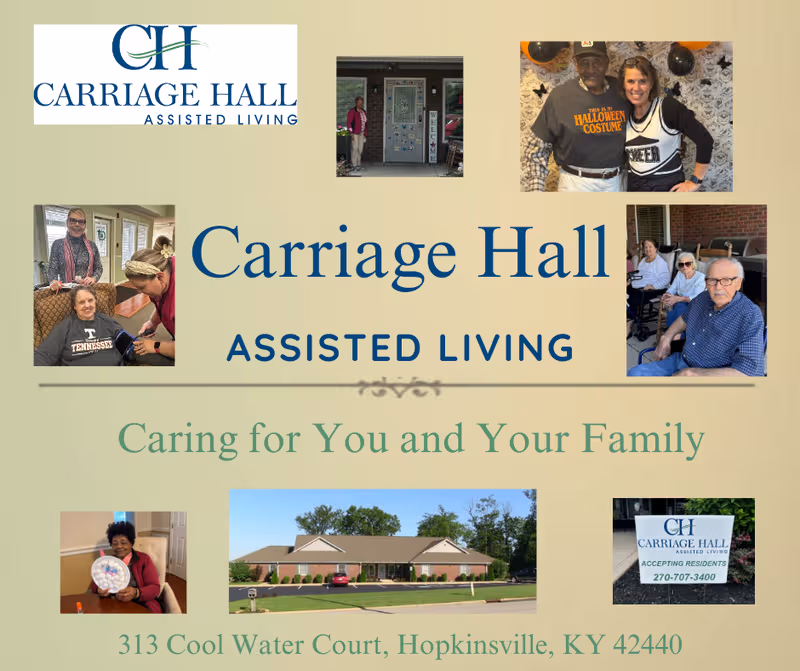 Collage brochure for Carriage Hall Assisted Living with logo, photos, and exterior building image.