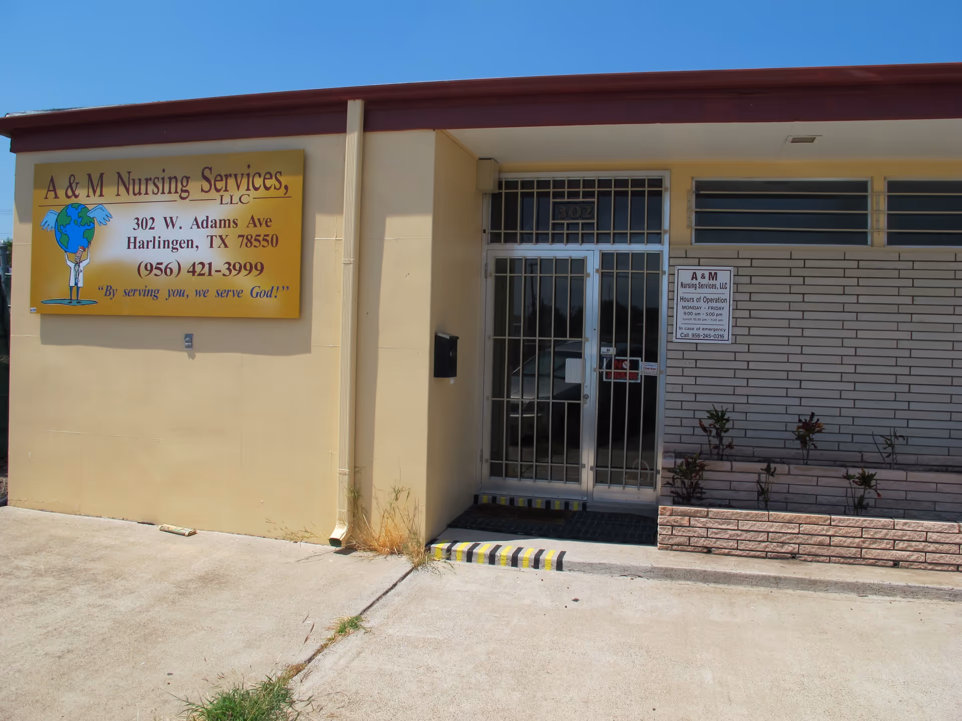 Front exterior of A & M Nursing Services building with sign and entrance.