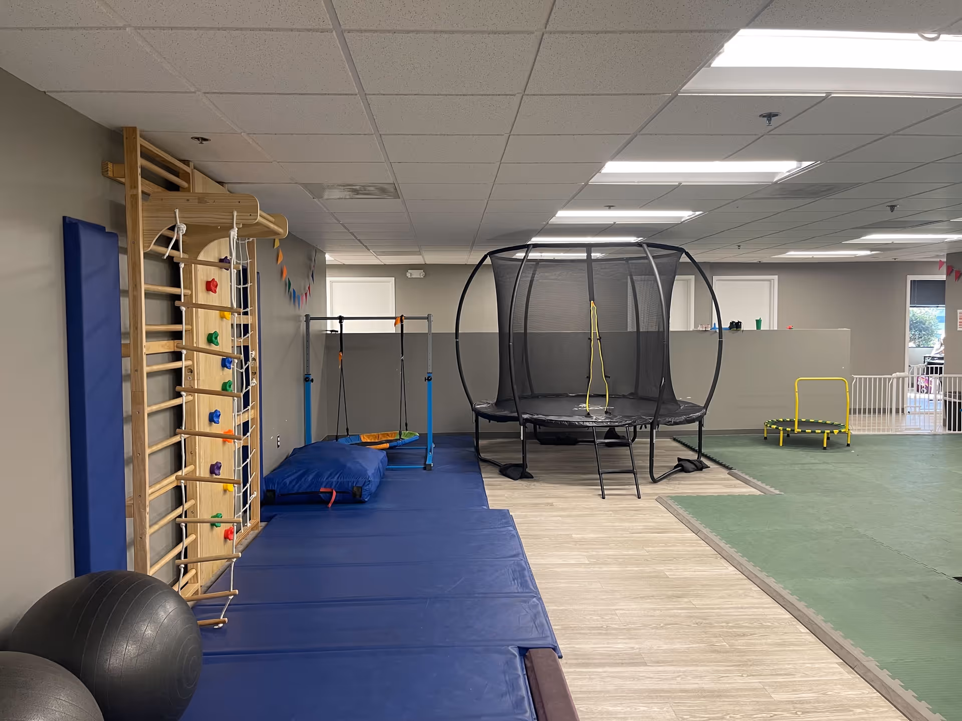 Indoor therapy gym with climbing wall, padded mats, trampoline, and assorted play equipment.