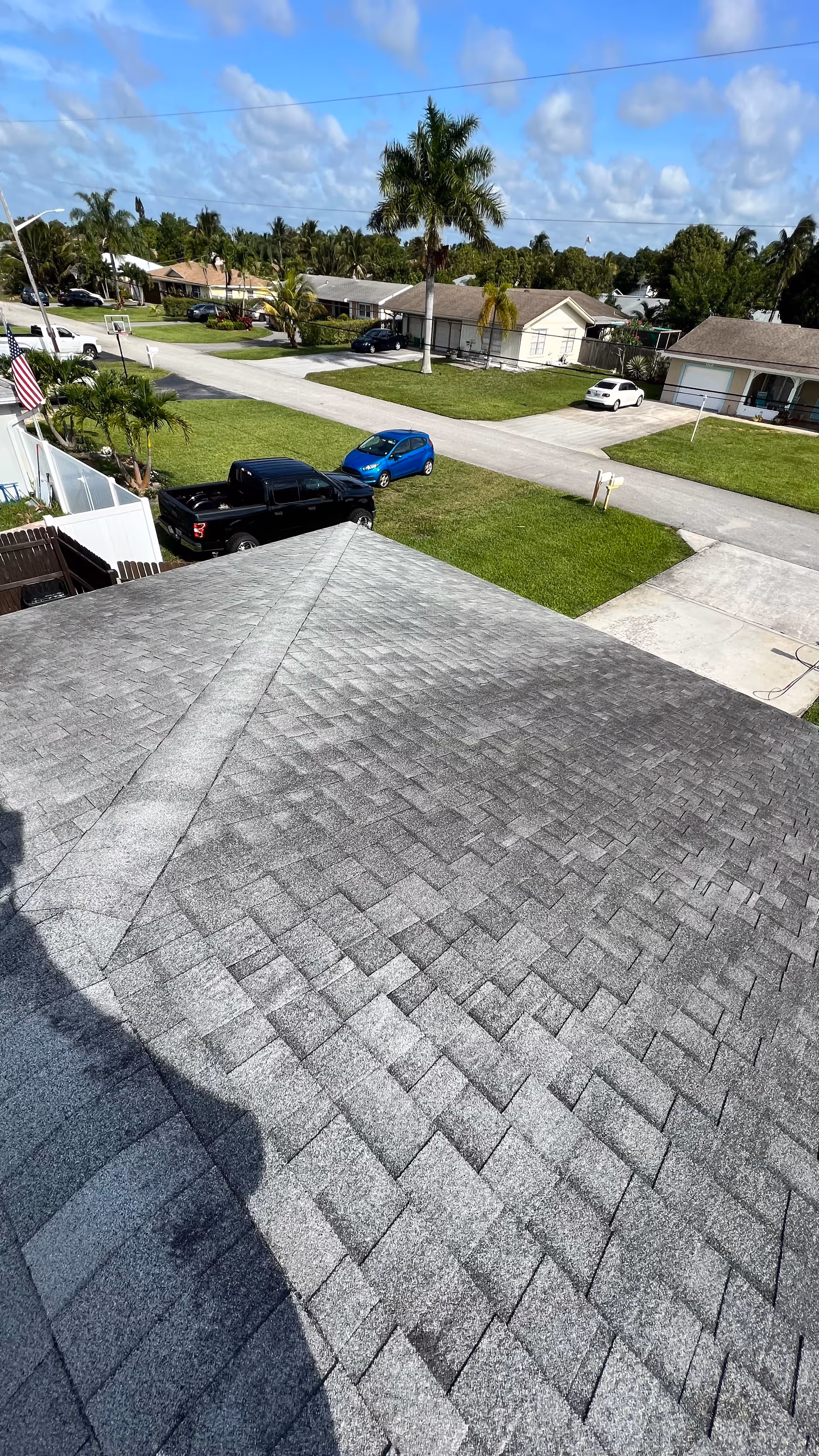 High-angle rooftop view of a residential street with parked cars, lawns, and palm trees.