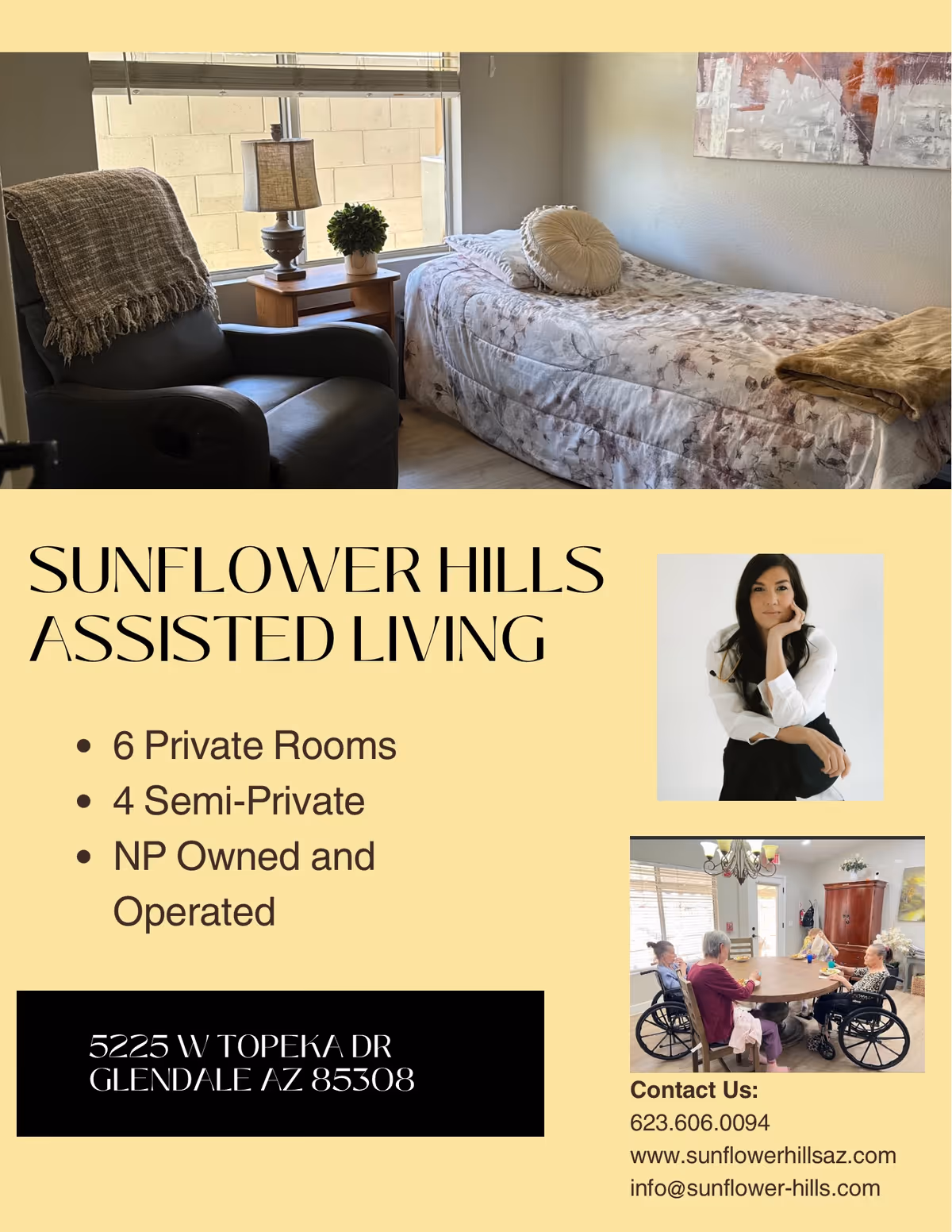 A cozy assisted living bedroom with a single bed covered in a floral comforter, a round decorative pillow, a brown throw blanket, a wooden nightstand with a lamp and a small plant, and a comfortable armchair with a throw blanket draped over it. The room has a window with blinds and light-colored walls.