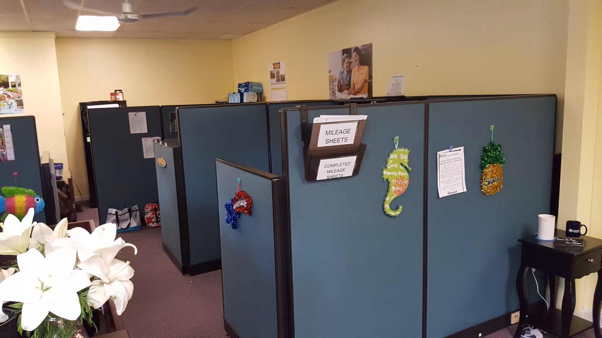 Interior of a senior facility with blue cubicles, posters, and white lilies in foreground.