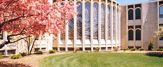Exterior view of a light colored building with arched windows, lawn, and a pink flowering tree.
