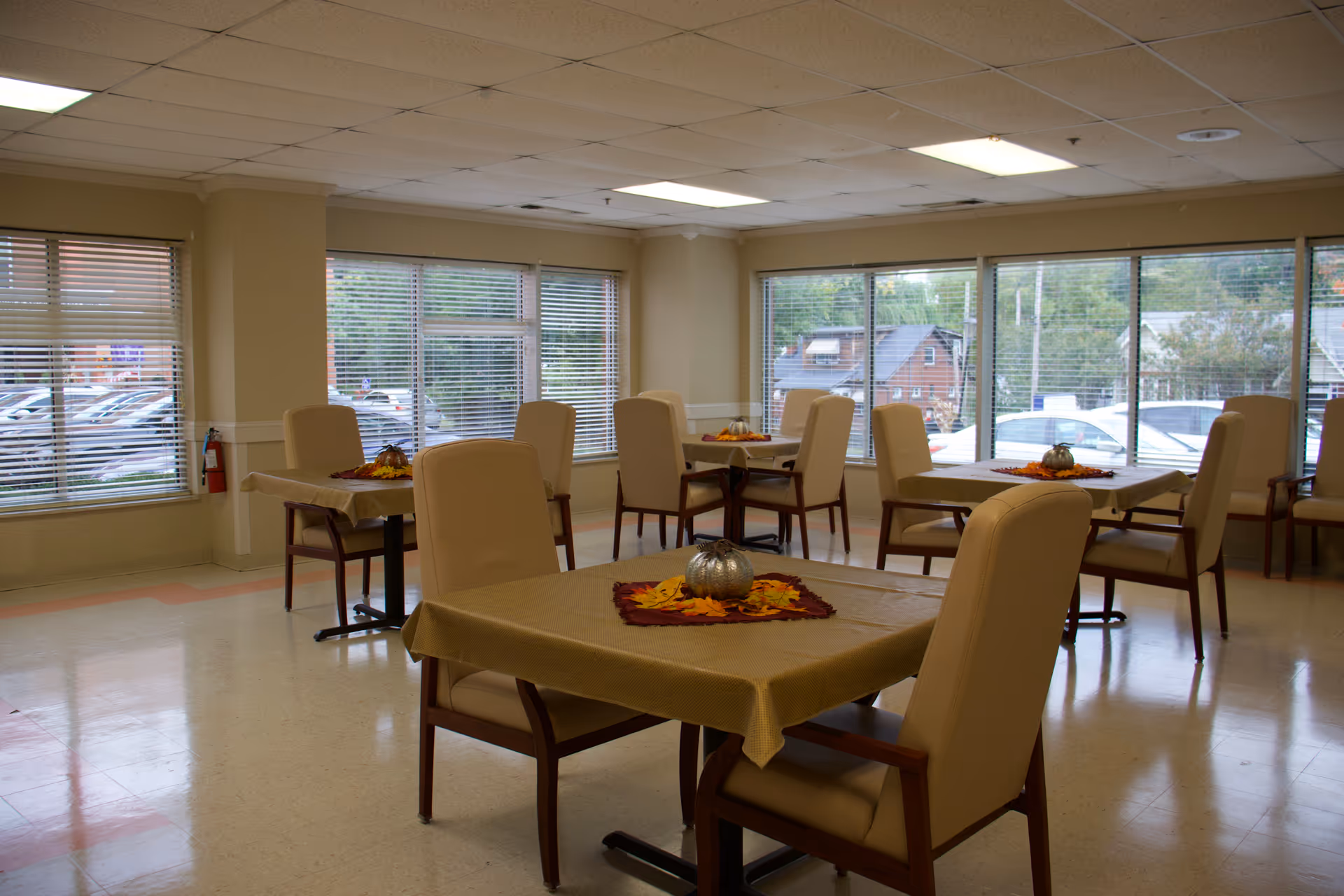 Bright dining room with multiple tables, beige chairs, and fall centerpieces.