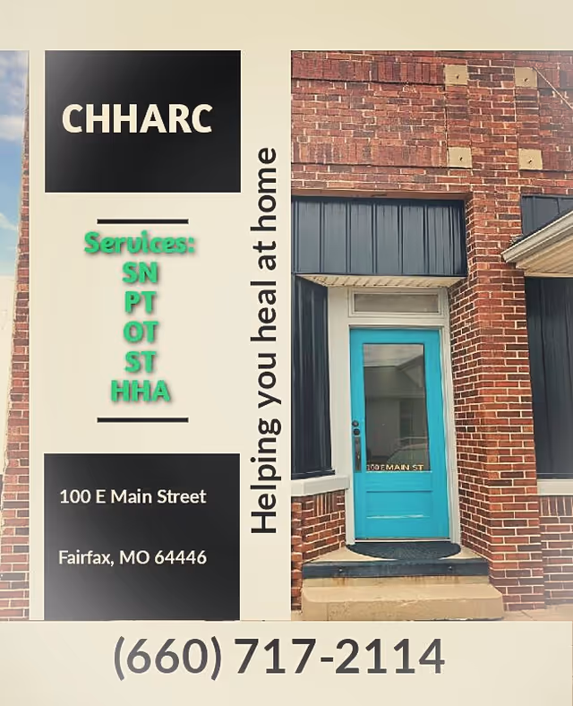 Brick building front with a teal door and CHHARC sign, with address and phone visible