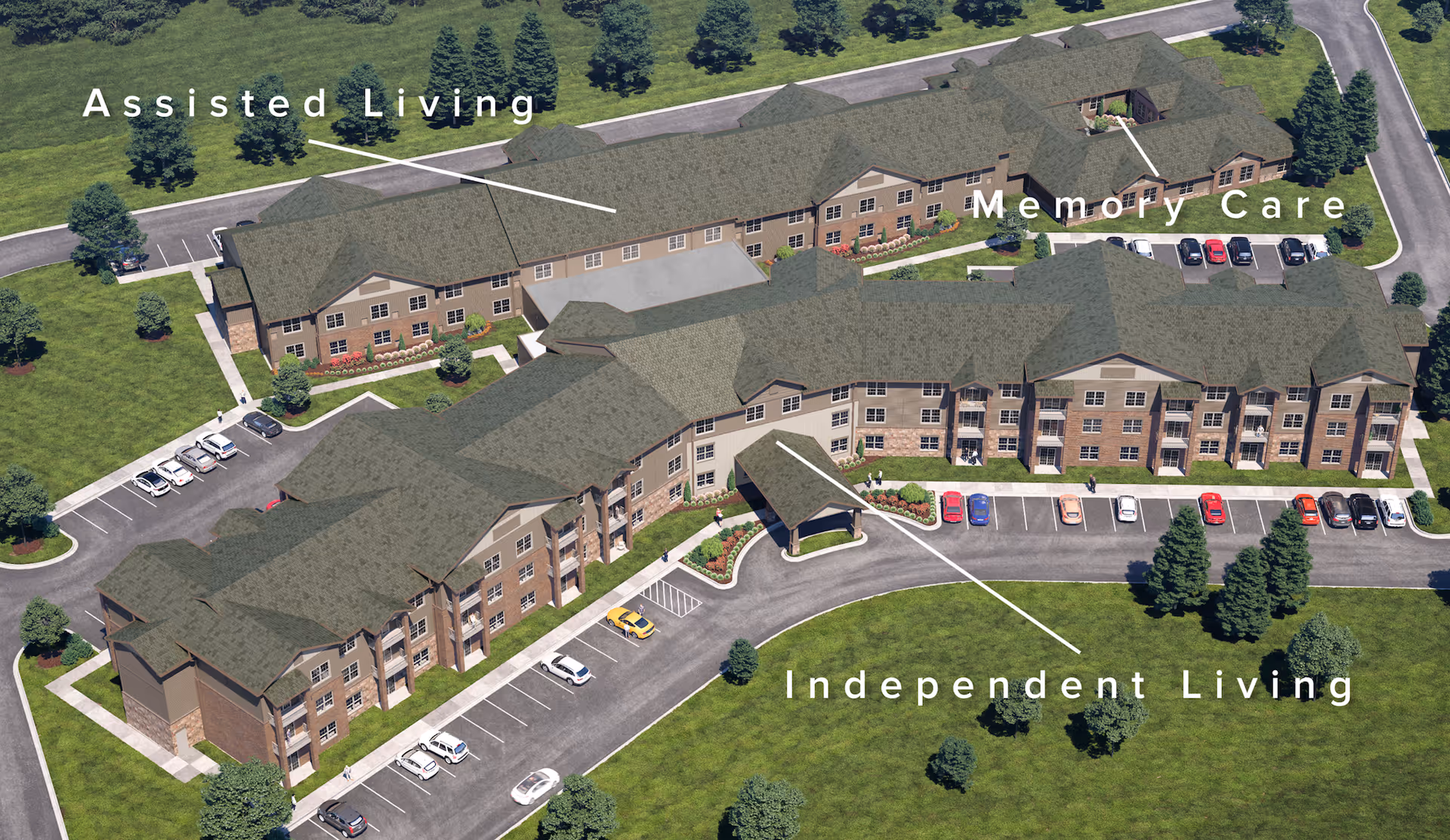 Aerial view of Wildwood Senior Living campus with labeled Assisted Living, Memory Care, and Independent Living.