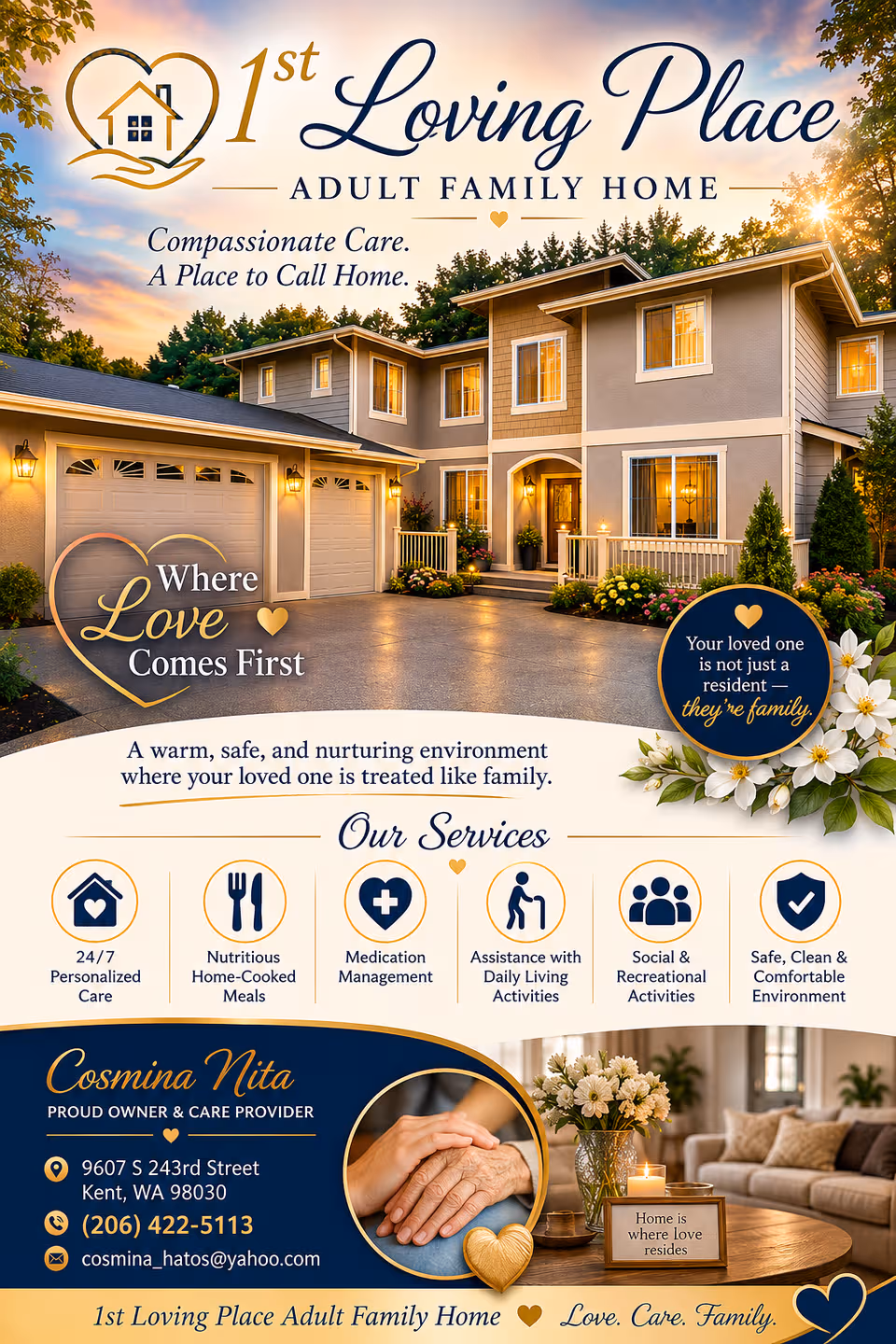 Front exterior of 1st Loving Place Adult Family Home with garage and landscaping.