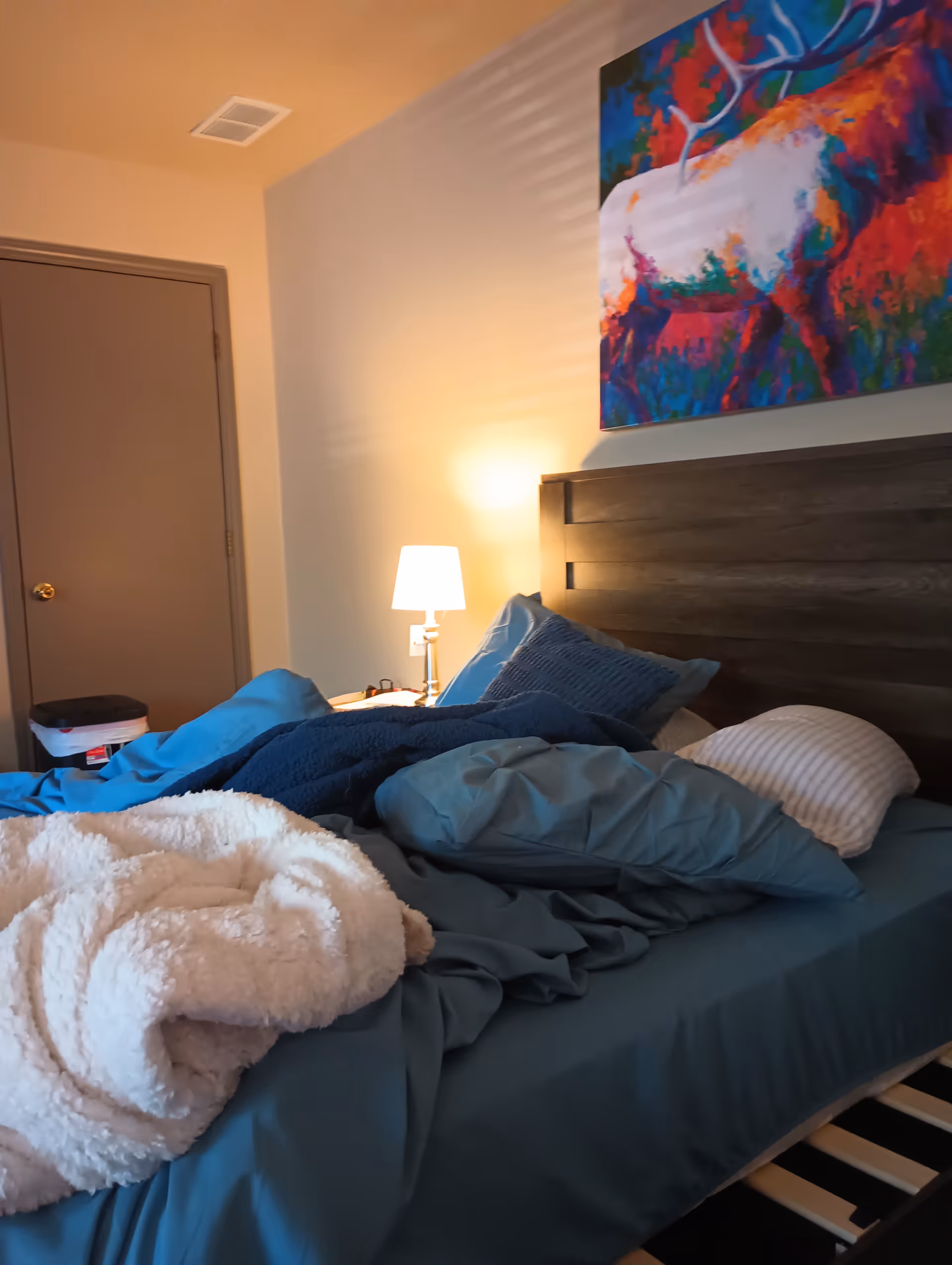 Senior living bedroom with blue bedding, pillows, lamp, and colorful wall art.