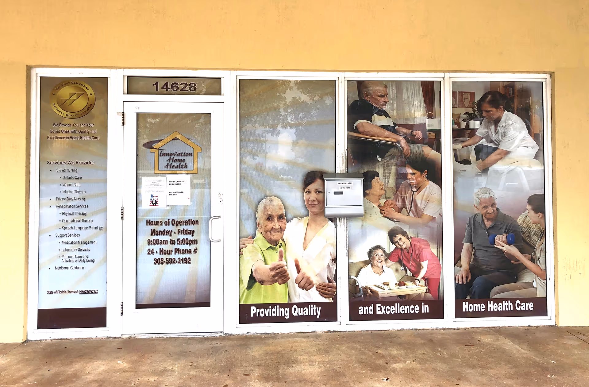 Storefront of Innovation Home Health with glass doors, windows, and staff imagery.