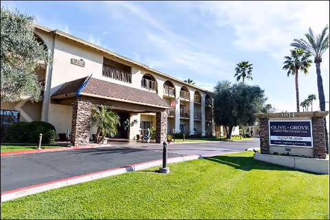 Front exterior of a two-story assisted living and memory care building with a covered entrance, palm trees, and a lawn sign reading "Olive Grove".