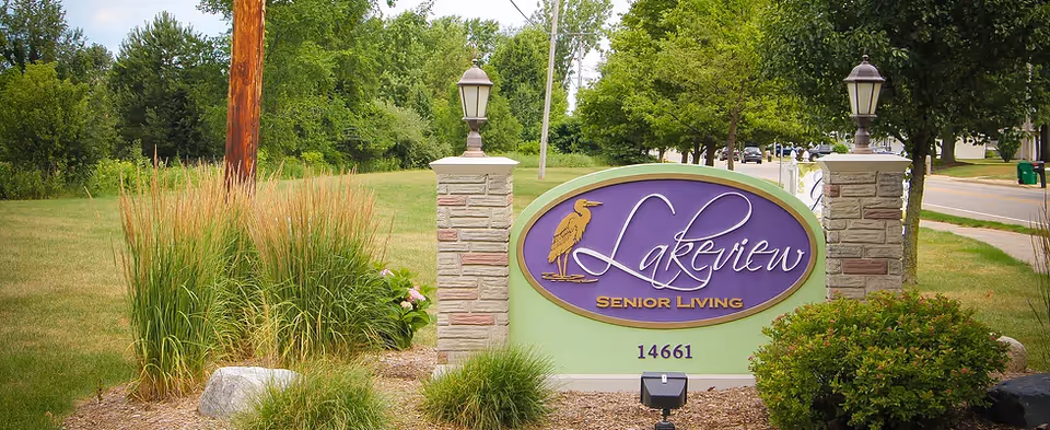 Entrance sign reading "Lakeview Senior Living" on a landscaped lawn with lamp posts and trees.