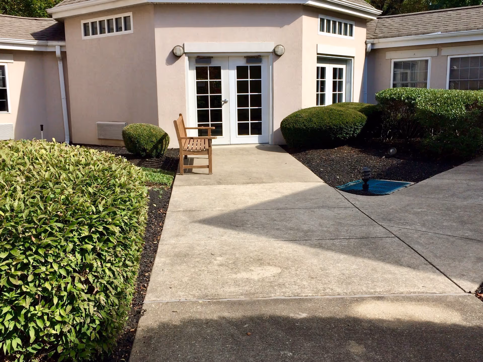 Concrete walkway leading to a building entrance with double glass doors, a wooden bench, and trimmed hedges.