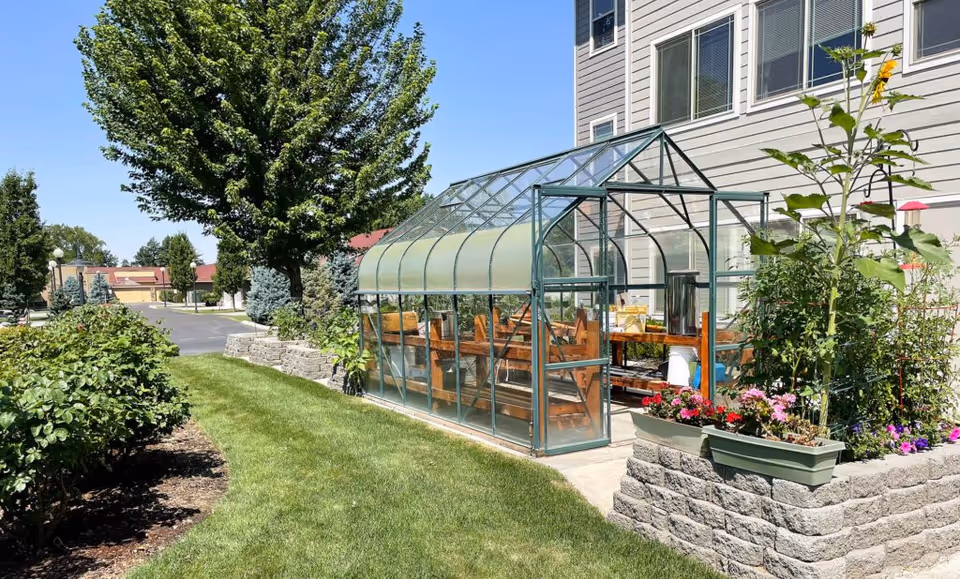 A small glass greenhouse with a metal frame situated outdoors next to a building. Inside the greenhouse, there are wooden benches and tables. Surrounding the greenhouse are green plants, flowers in planters, and a well-maintained lawn with trees and shrubs under a clear blue sky.