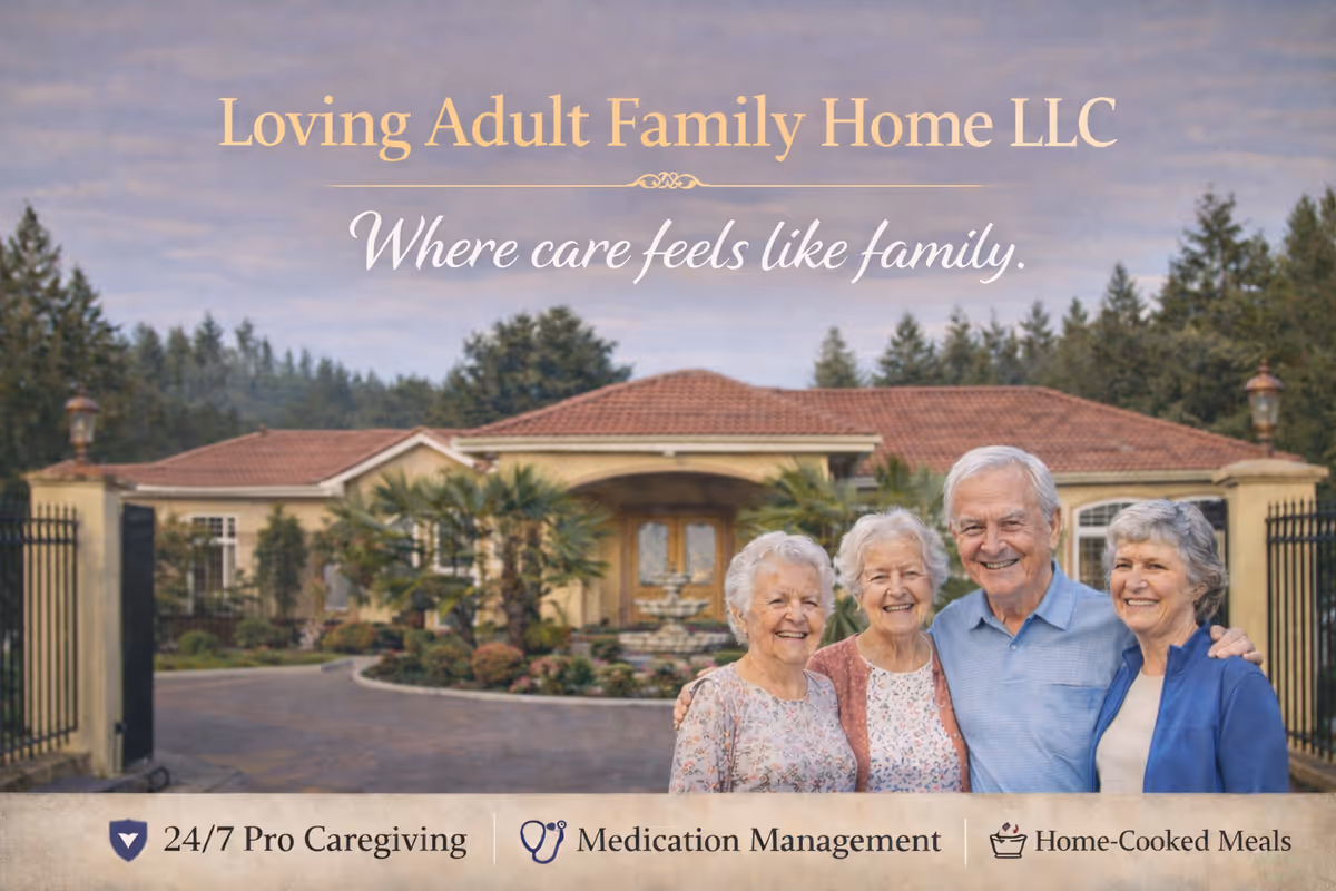Four seniors stand together in front of the Loving Adult Family Home LLC entrance.