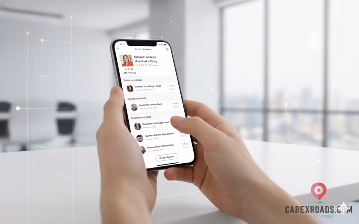 Person holds smartphone displaying a Carexroads app in a bright, modern office.