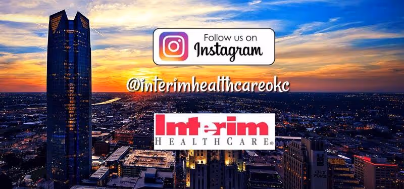 City skyline at sunset with Interim HealthCare of Oklahoma City branding overlays.