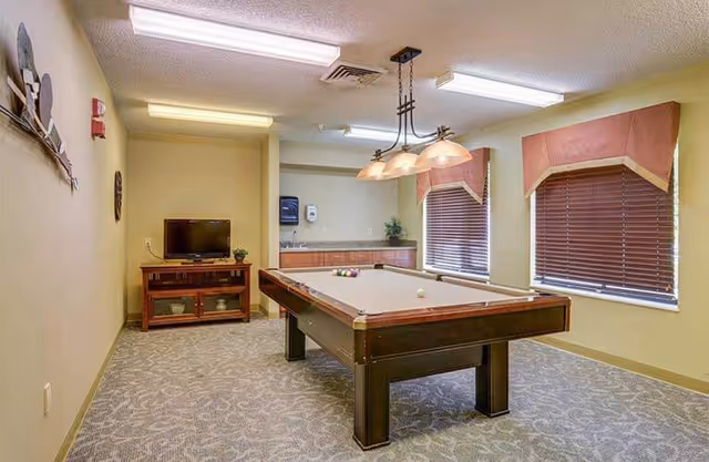 Indoor recreation room with a billiards table, TV, cabinets, and blinds.