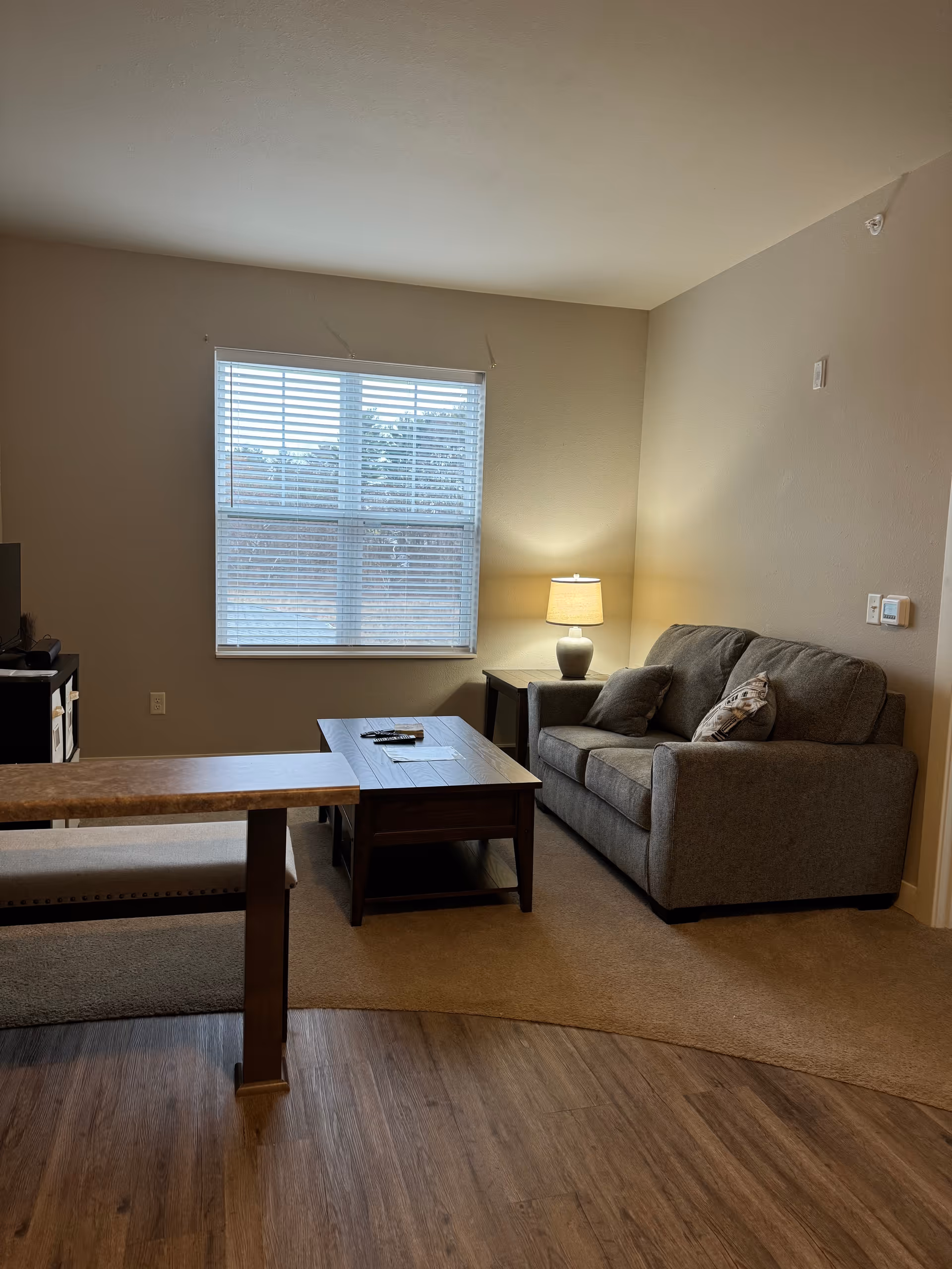 Cozy living room with sofa, coffee table, lamp, and window blinds.