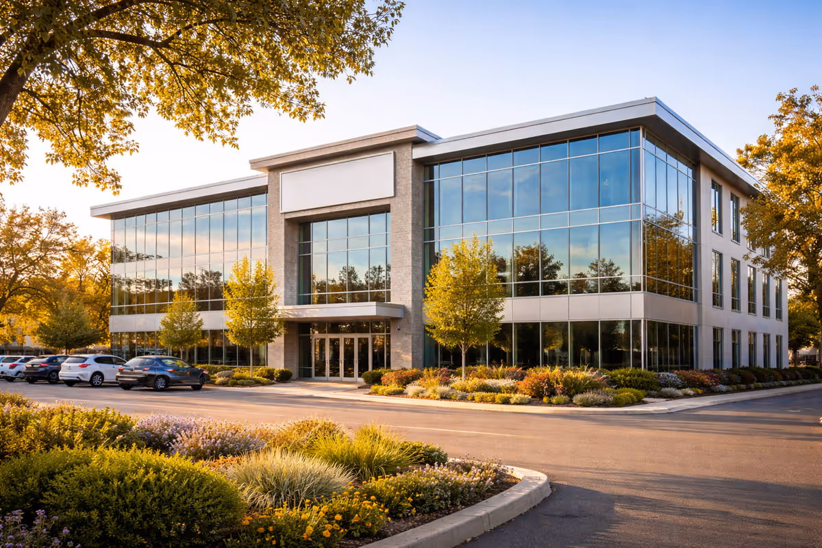 Modern, glass-front senior care building with landscaped parking and fall-colored trees.