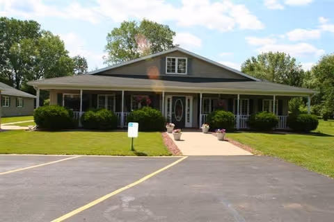 Front view of Lakeview at Mill Pond, a single-story senior living facility.