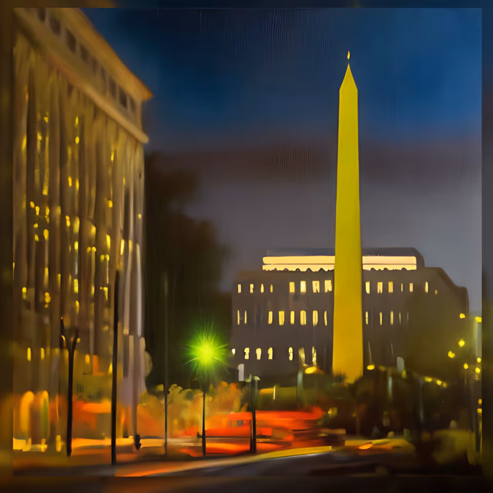 Nighttime cityscape with a tall obelisk and glowing building reflections.