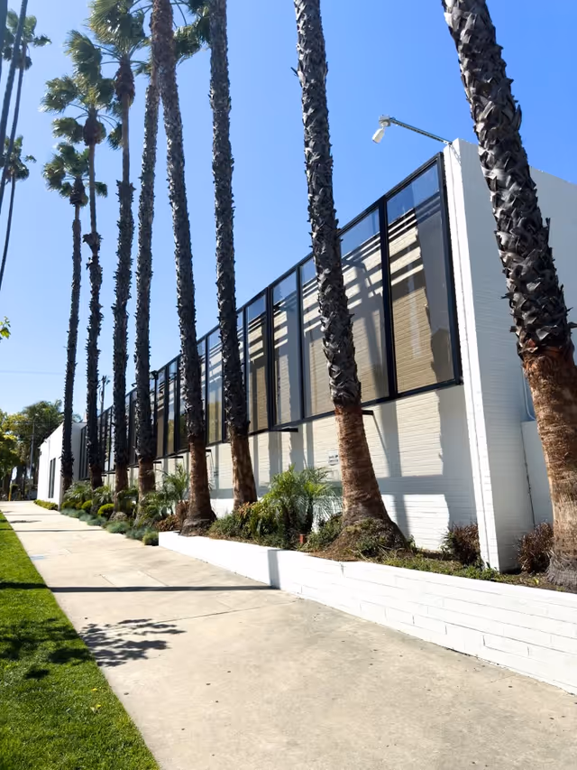 Exterior view of a modern senior living facility with tall palm trees along a sidewalk
