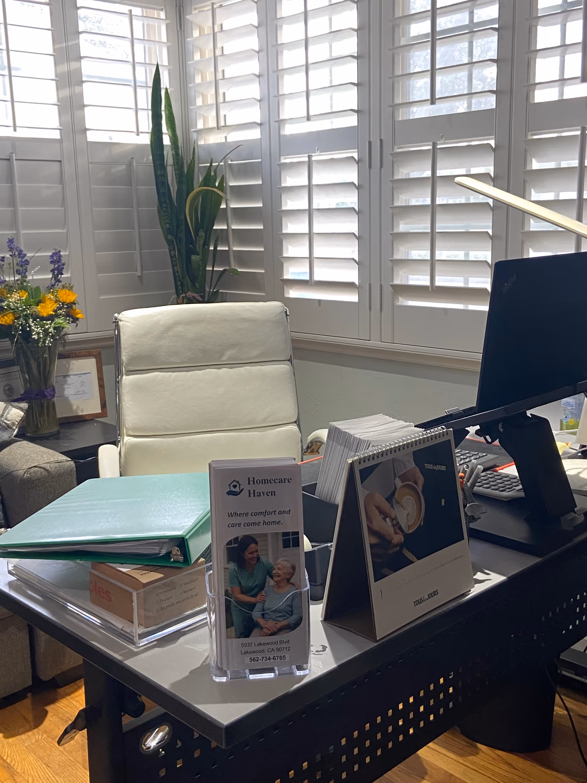 Reception desk in a bright office with plants and HomeCare Haven brochures.