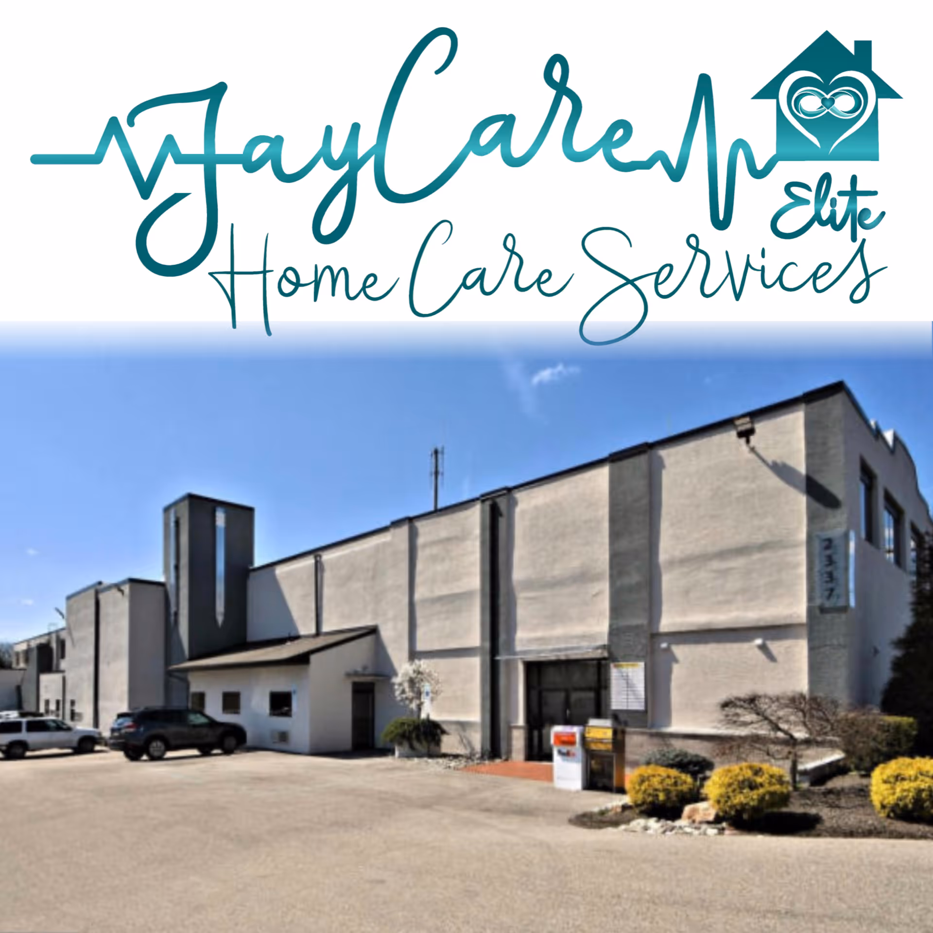 Front exterior of JayCare Elite Home Care Services facility with cars in the parking lot.
