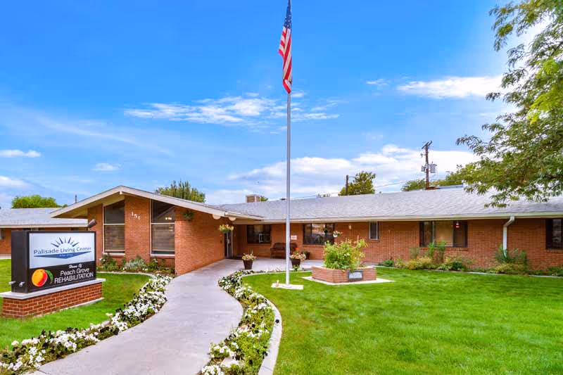 Exterior view of a single-story brick building with a well-maintained lawn and flower beds along a curved concrete pathway leading to the entrance. An American flag is flying on a flagpole in front of the building. A sign near the pathway reads 'Palisade Living Center' and 'Peach Grove Rehabilitation'.